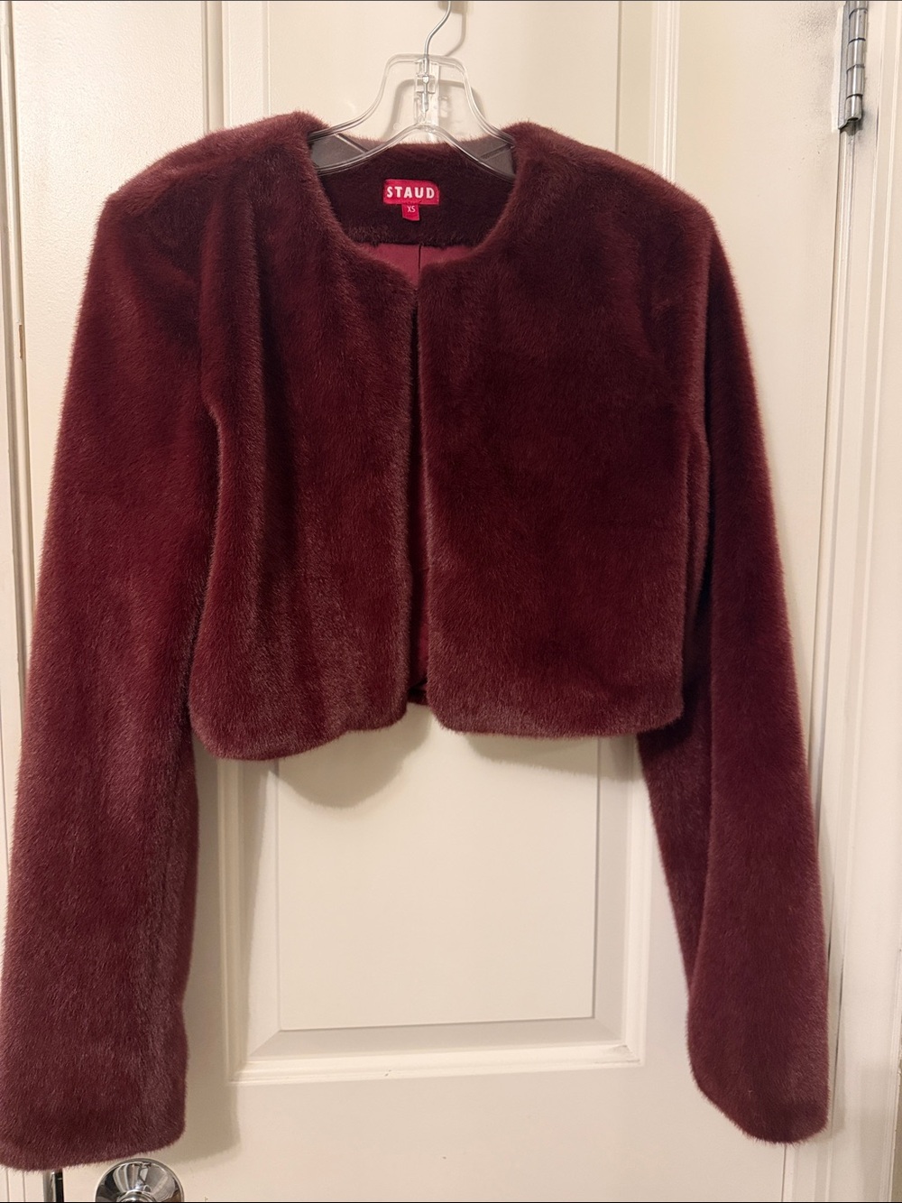 STAUD Burgundy  Faux-Fur Cropped Jacket